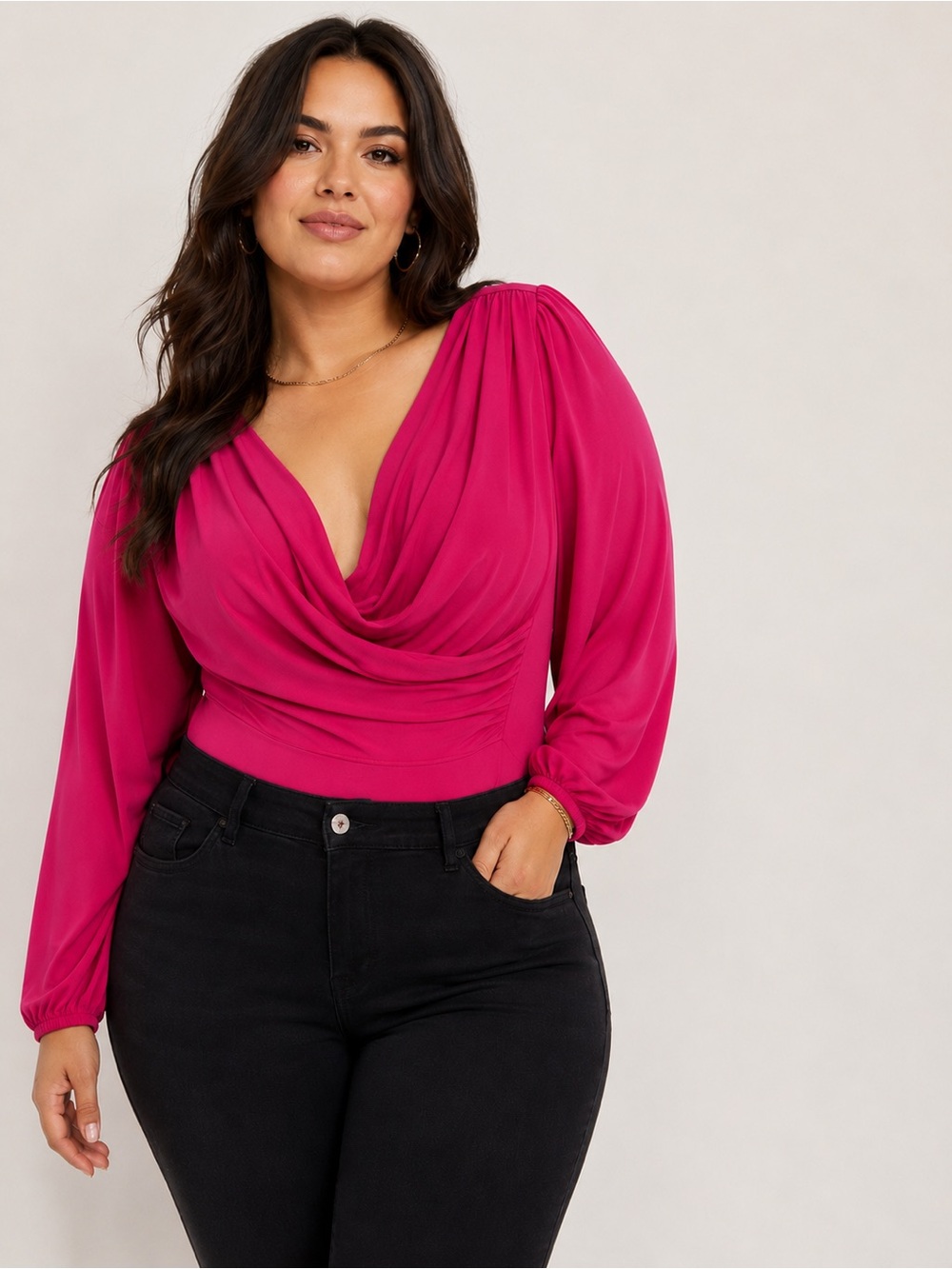 Torrid Pink Surplice Drape Neck Bodysuit Balloon Sleeve Size 00 10